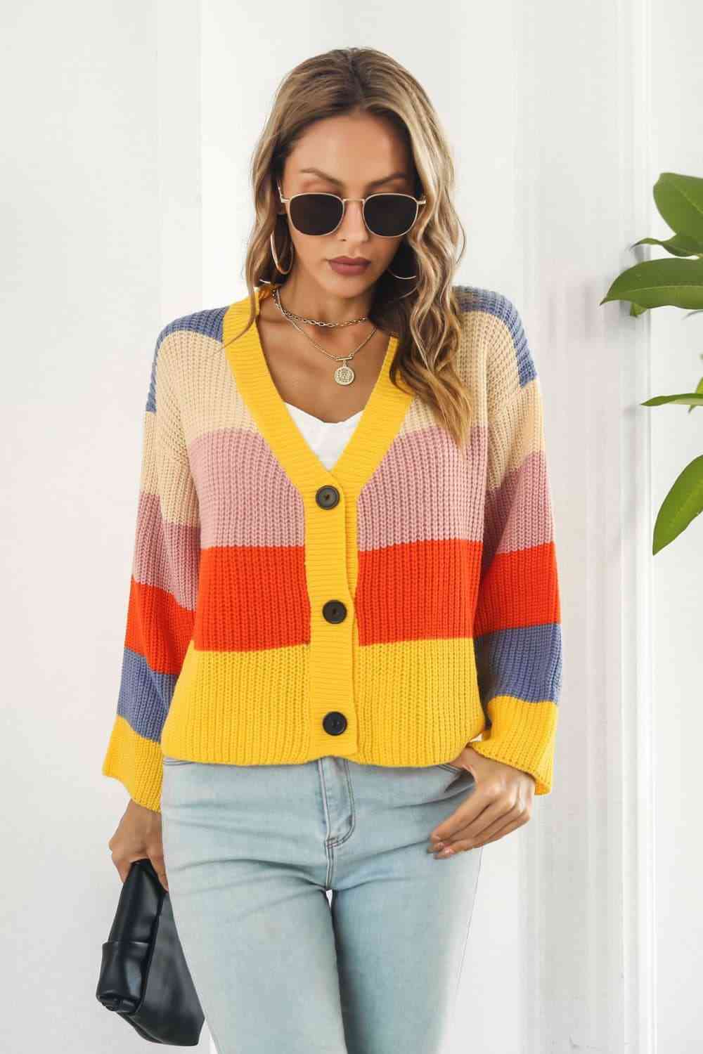 Color Block Button-Down Dropped Shoulder Cardigan - Ladyez