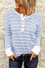 Striped Waffle Knit Henley Long Sleeve Top - Ladyez
