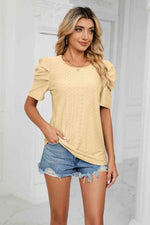 Eyelet Puff Sleeve Round Neck Blouse - Ladyez