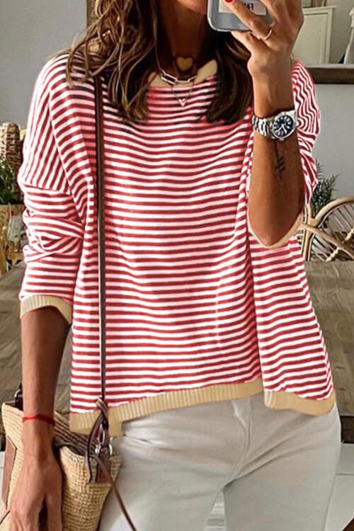 Striped Round Neck Drop Shoulder T-Shirt - Ladyez