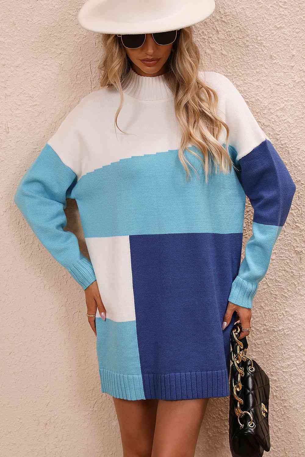 Color Block Mock Neck Dropped Shoulder Sweater Dress - Ladyez