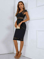 Studded Spliced Mesh V-Neck Dress - Ladyez
