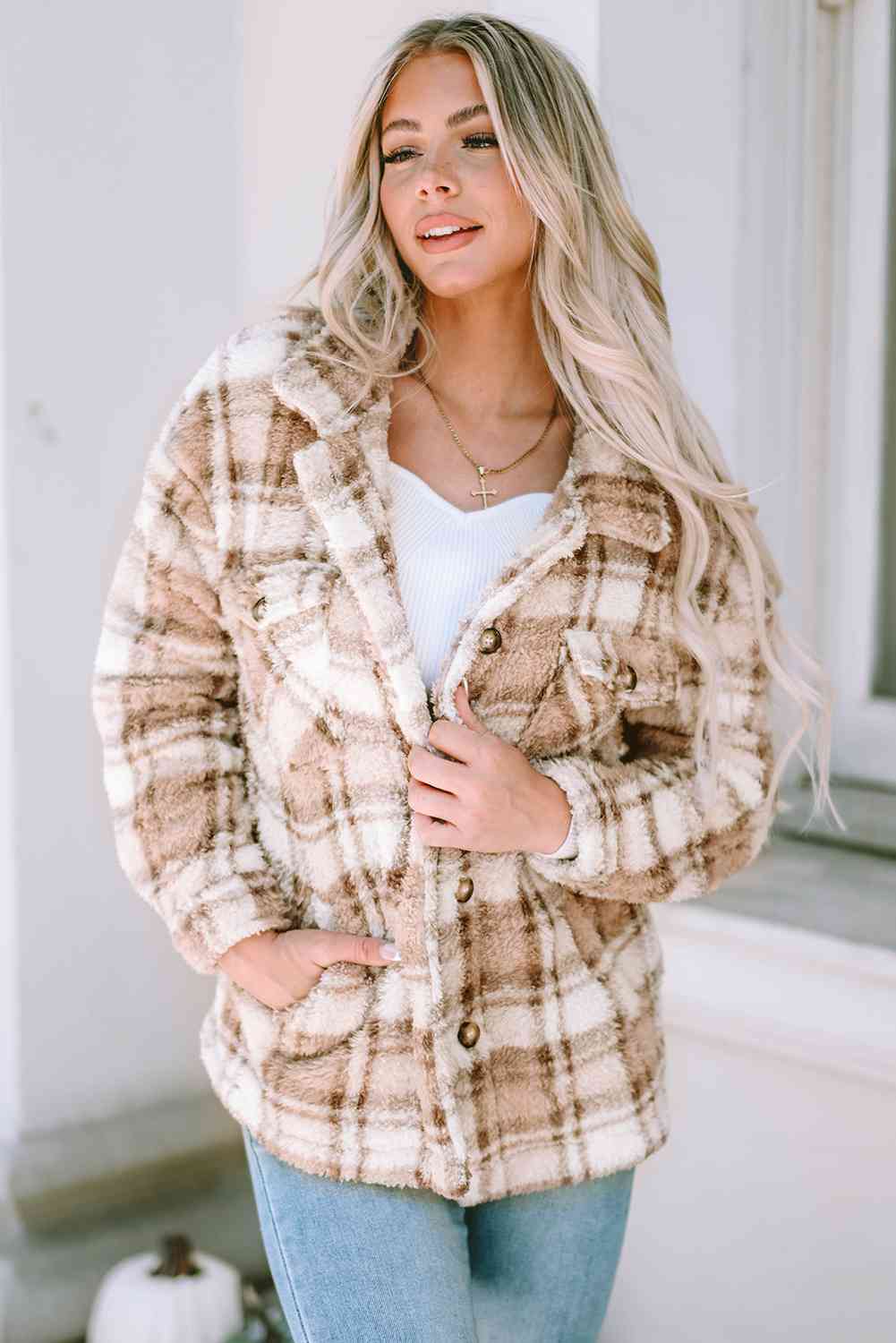 Plaid Collared Neck Jacket - Ladyez