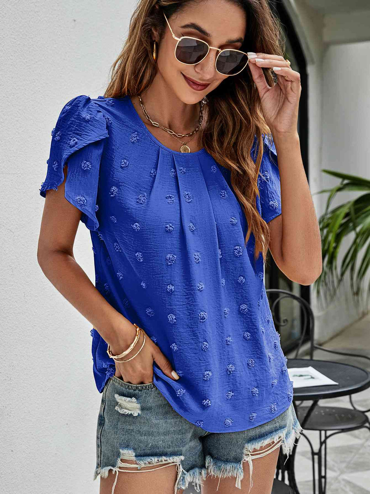 Swiss Dot Round Neck Petal Sleeve Top - Ladyez