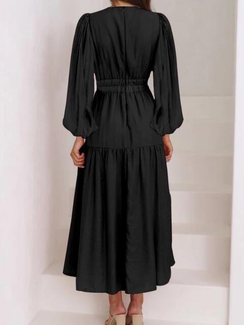Deep V-Neck Balloon Sleeve Plain Maxi Dress - Ladyez