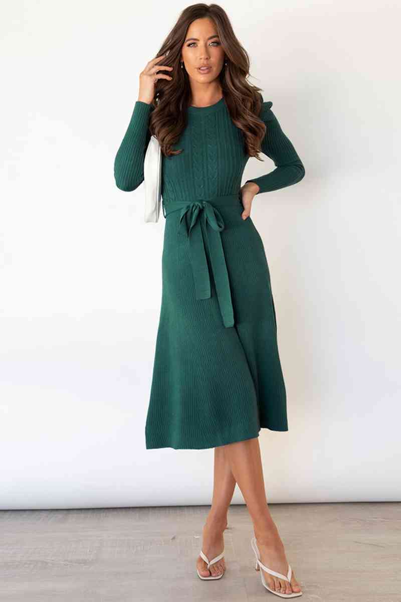 Round Neck Long Sleeve Tie Waist Sweater Dress - Ladyez