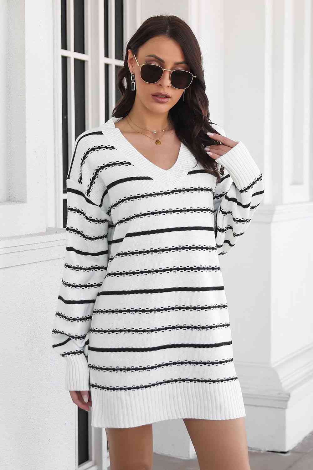 Striped V-Neck Sweater Dress - Ladyez