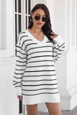 Striped V-Neck Sweater Dress - Ladyez