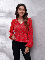 Floral V-Neck Balloon Sleeve Peplum Blouse - Ladyez
