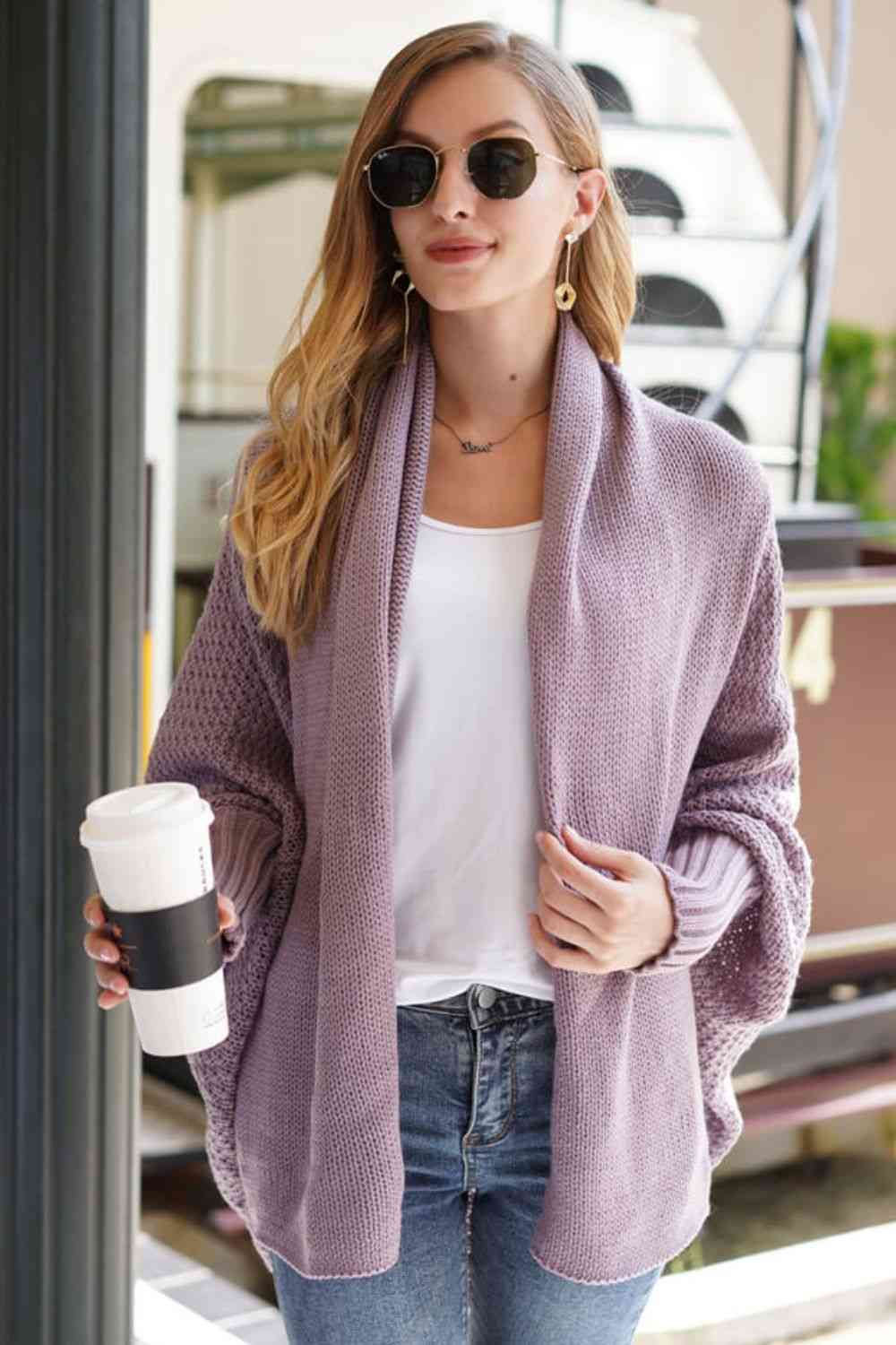 Double Take Dolman Sleeve Open Front Ribbed Trim Longline Cardigan - Ladyez