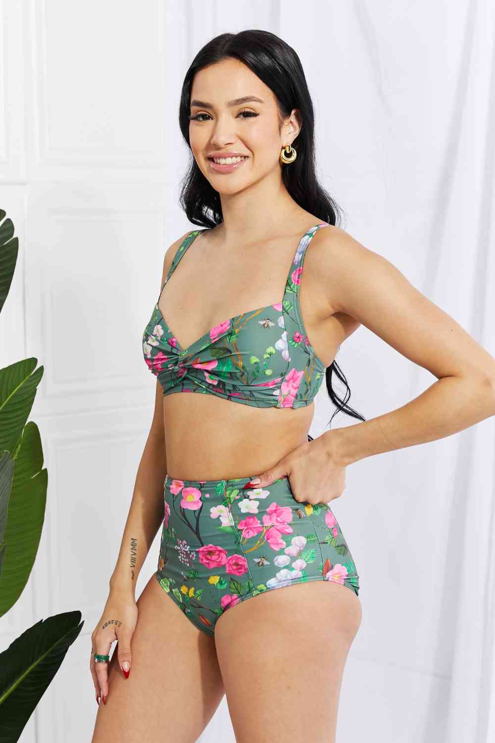 Marina West Swim Take A Dip Twist High-Rise Bikini in Sage - Ladyez