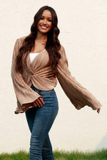 Twisted Smocked Flare Sleeve Cropped Top - Ladyez