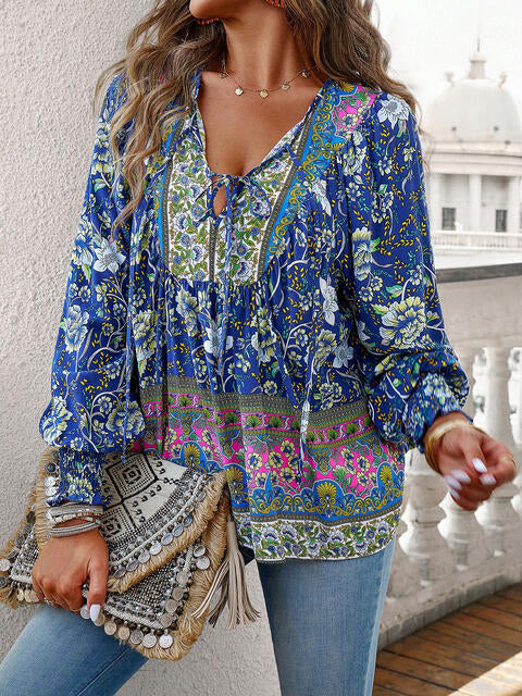 Bohemian Tie Neck Lantern Sleeve Blouse - Ladyez