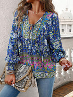 Bohemian Tie Neck Lantern Sleeve Blouse - Ladyez