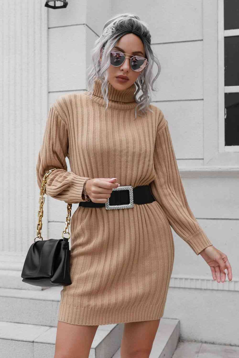Ribbed Turtle Neck Long Sleeve Mini Sweater Dress - Ladyez