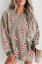 Sequin Candy Cane Round Neck Sweatshirt - Ladyez