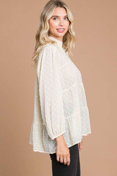 Culture Code Full Size Swiss Dot Smocked Mock Neck Blouse - Ladyez