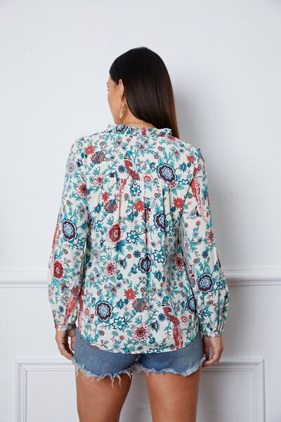 Floral Notched Long Sleeve Blouse - Ladyez