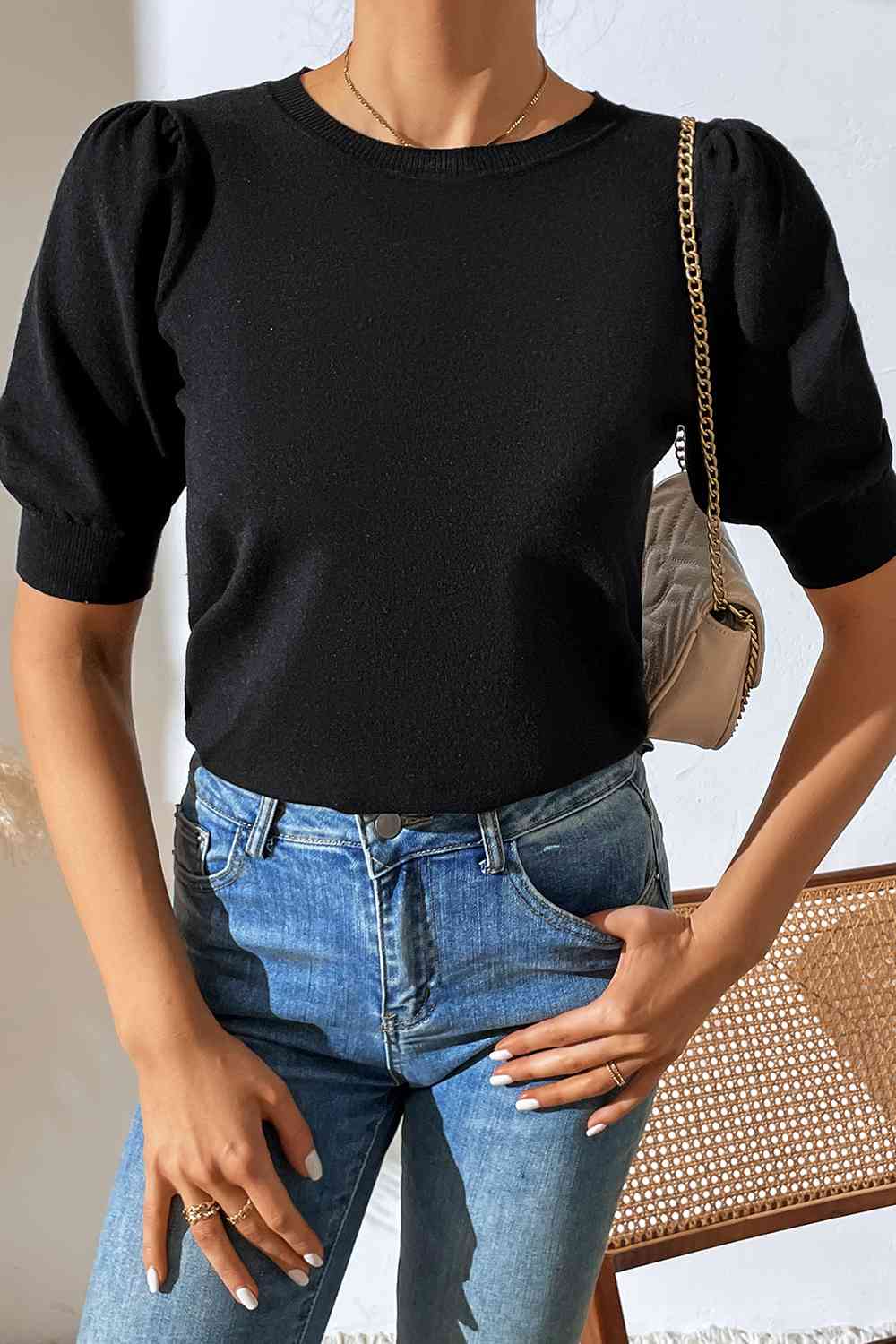 Round Neck Puff Sleeve Knit Top - Ladyez