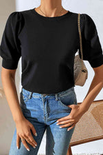 Round Neck Puff Sleeve Knit Top - Ladyez