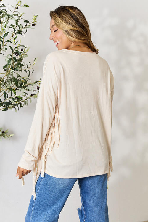 Celeste Full Size Fringe Detail Long Sleeve Blouse - Ladyez