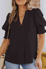 Smocked Flounce Sleeve Notched Neck Blouse - Ladyez