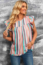 Multicolored Stripe Flutter Sleeve Blouse - Ladyez