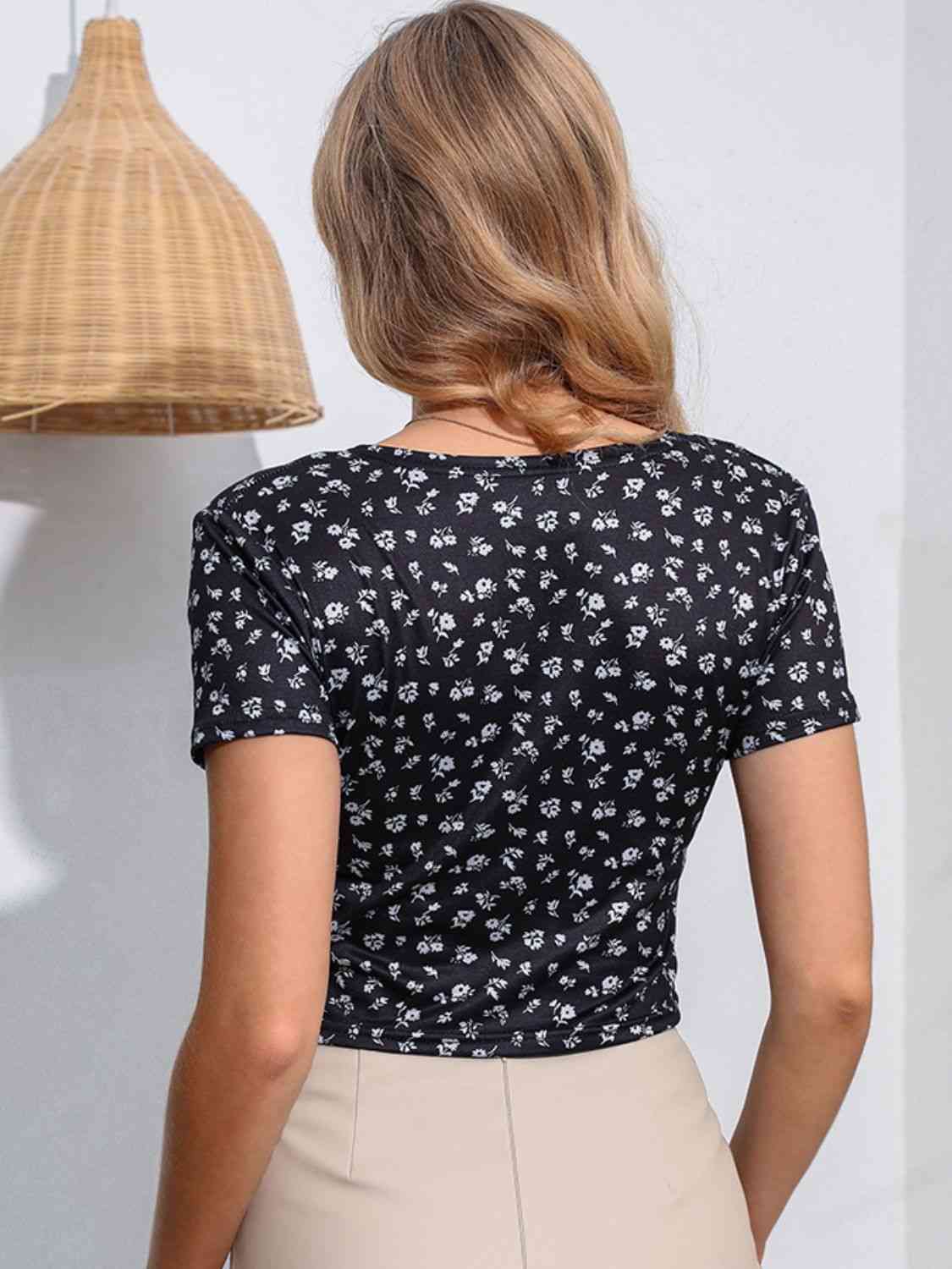 Floral Surplice Neck Short Sleeve Top - Ladyez