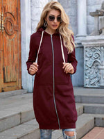 Zip-Up Longline Hoodie with Pockets - Ladyez