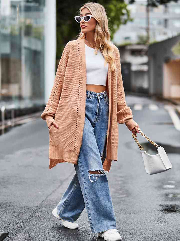 Long Sleeve Waffle-Knit Cardigan - Ladyez
