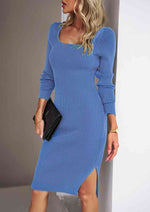 Rib-Knit Slit Sweater Dress - Ladyez