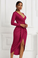 High-low Ruched Surplice Long Sleeve Dress - Ladyez