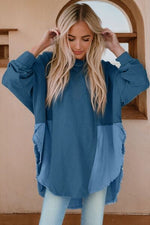 Contrast Texture Round Neck Long Sleeve Blouse - Ladyez