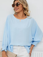 Smocked Lantern Sleeve Round Neck Blouse - Ladyez