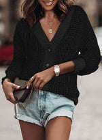 Woven Right Waffle-Knit Drop Shoulder Button-Down Cardigan - Ladyez