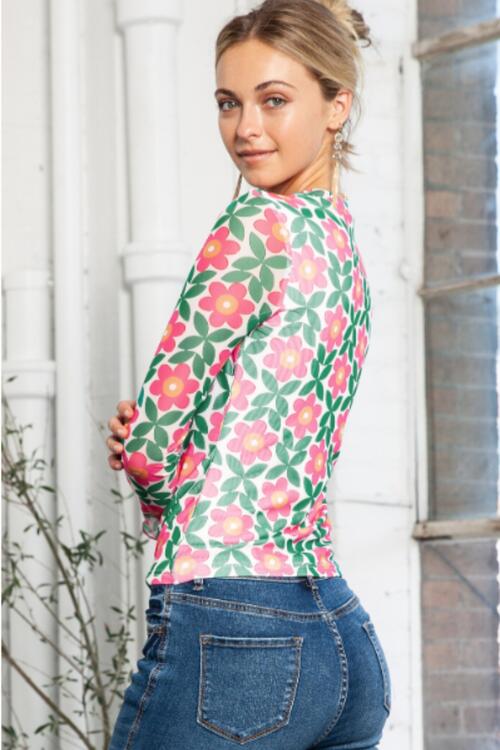 Floral Round Neck Long Sleeve Top - Ladyez