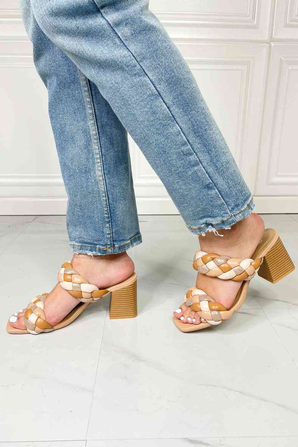 SODA Interwoven Ideas Braided Strap Block Heel Slide Sandal in Nude - Ladyez