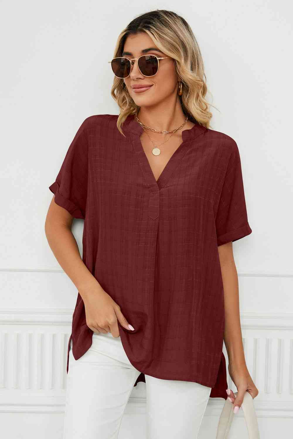 Side Slit Notched Neck Cuffed Short Sleeve Blouse - Ladyez