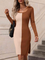 Woven Right Contrast Slit Sweater Dress - Ladyez