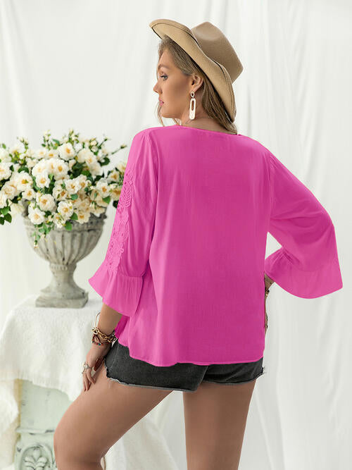 Double Take Plus Size Flower Crochet Flare Sleeve Top - Ladyez