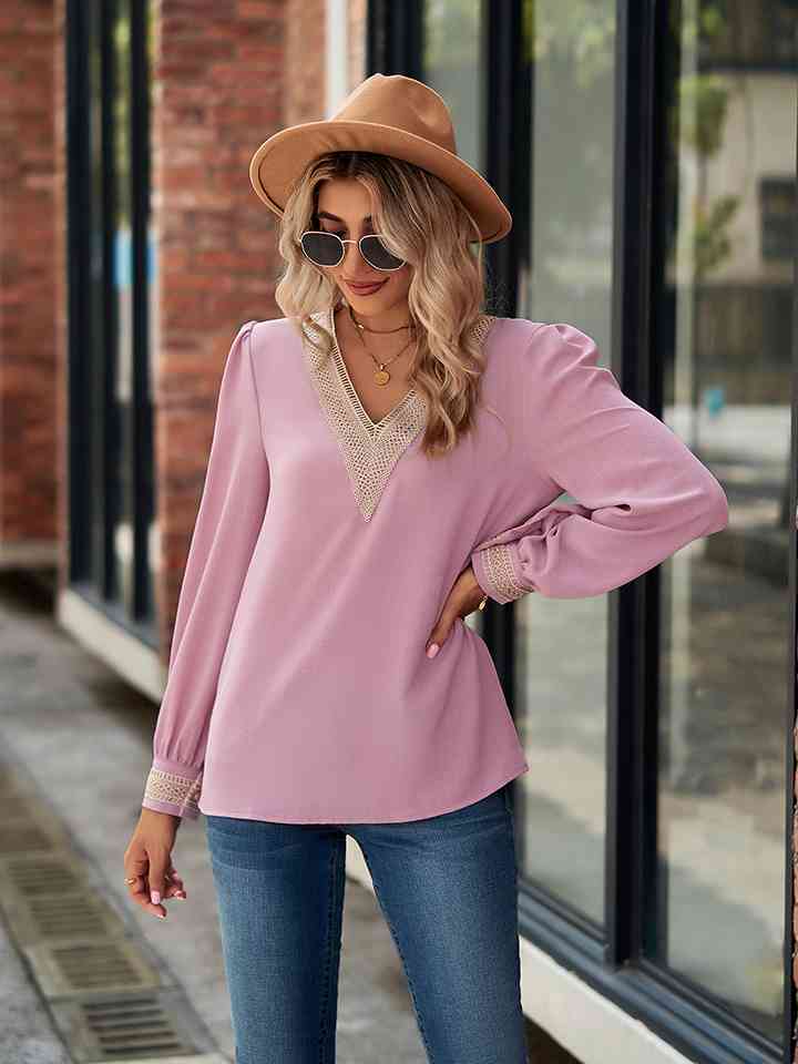 V-Neck Long Sleeve Blouse - Ladyez