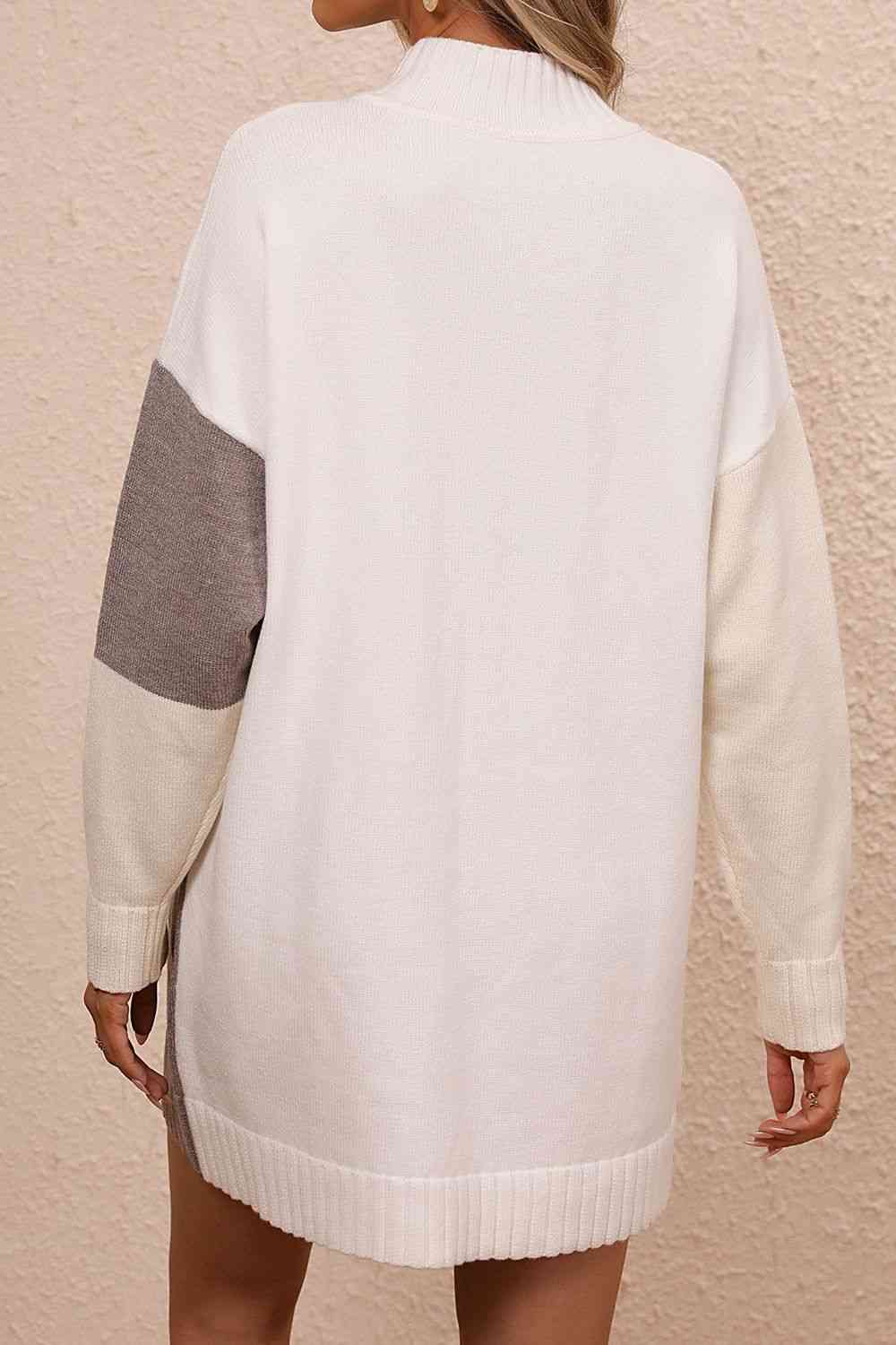 Color Block Mock Neck Dropped Shoulder Sweater Dress - Ladyez