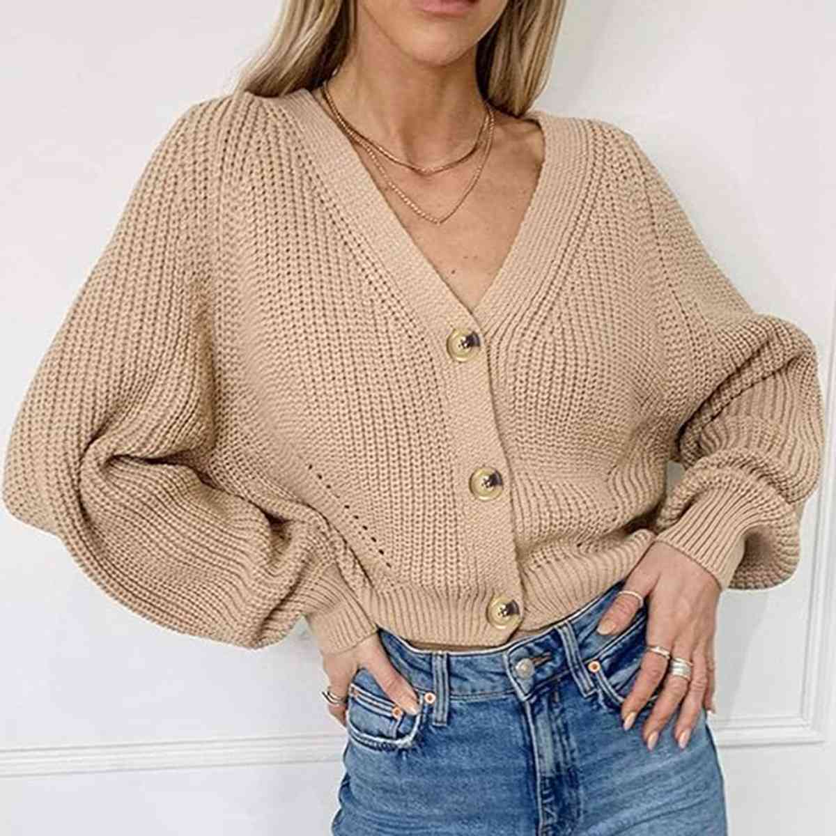 Button Up V-Neck Long Sleeve Cardigan - Ladyez