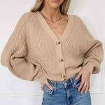 Button Up V-Neck Long Sleeve Cardigan - Ladyez