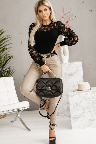 Hollowed Floral Lace Spliced Long Sleeve Blouse - Ladyez