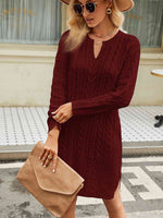 Notched Neck Cable-Knit Slit Sweater Dress - Ladyez