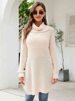 Turtleneck Waffle-Knit Slit Sweater Dress - Ladyez