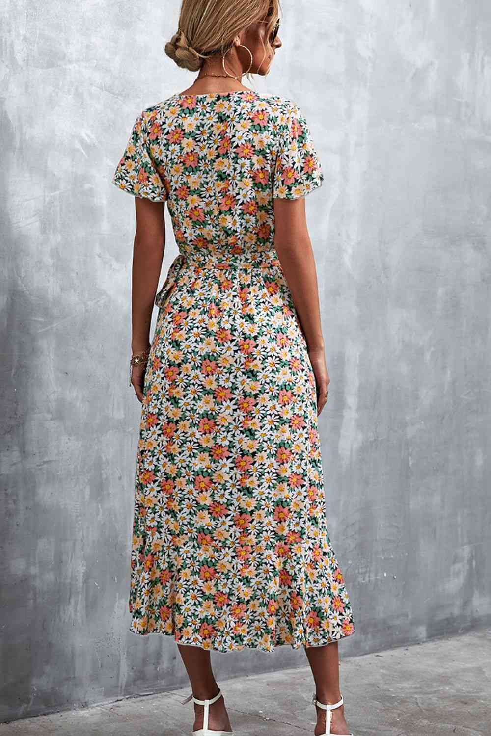 Floral Surplice Neck Tied Midi Dress - Ladyez
