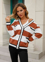Color Block V-Neck Long Sleeve Cardigan - Ladyez