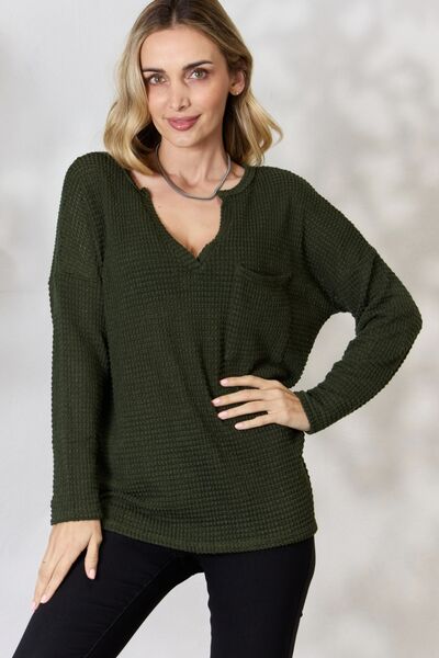 BiBi Notched Popcorn Waffle Long Sleeve Top - Ladyez